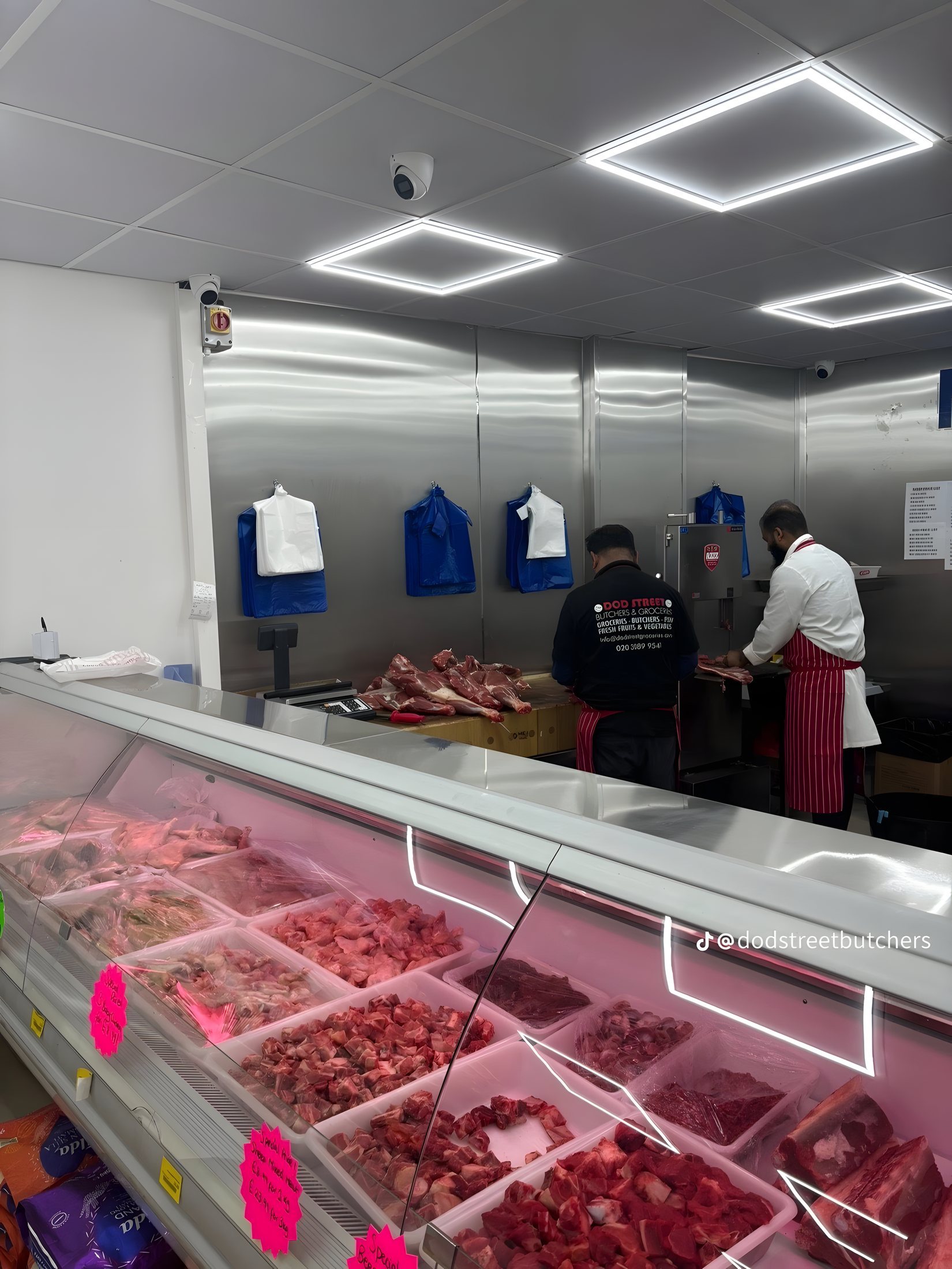 Fresh halal meat laid out in the counter at Dod Street