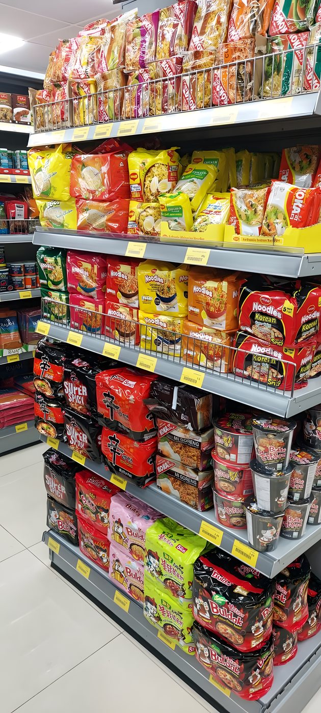 Shelves of instant noodles from around the world
