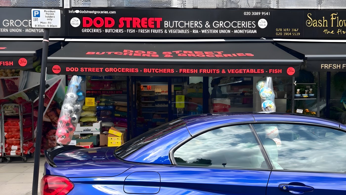 The Dod Street Butchers and Groceries shopfront on Dod Street, Poplar